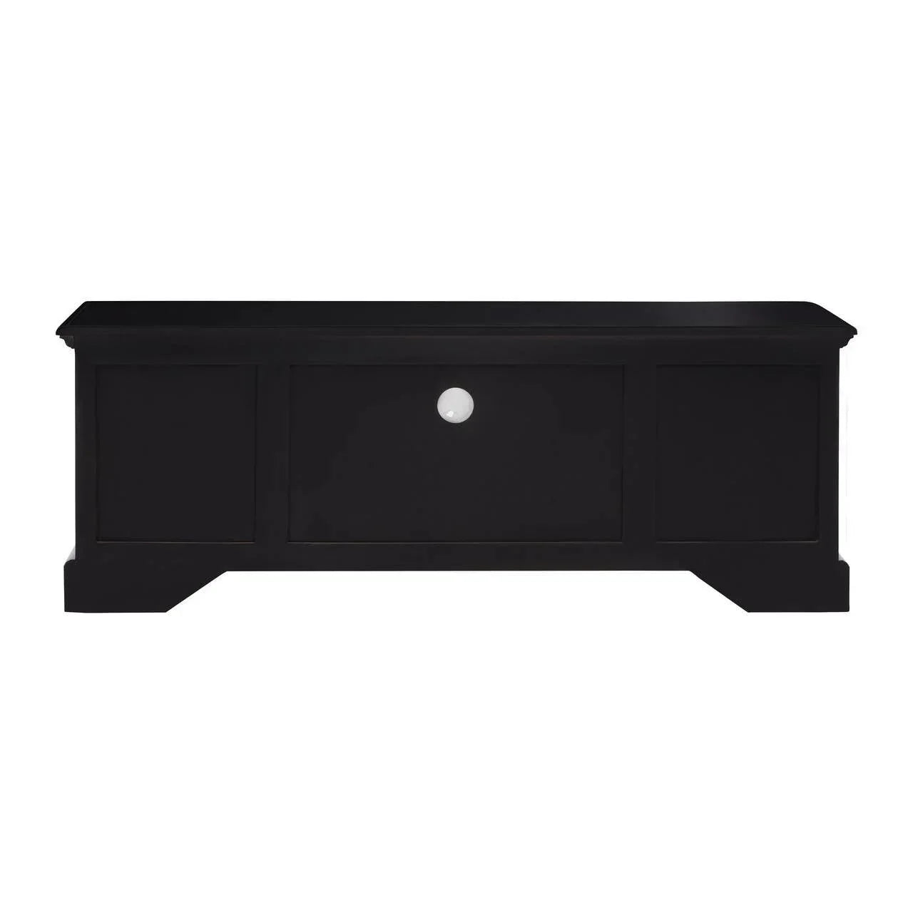 Black wooden storage bench with central drawer and white handle, front view