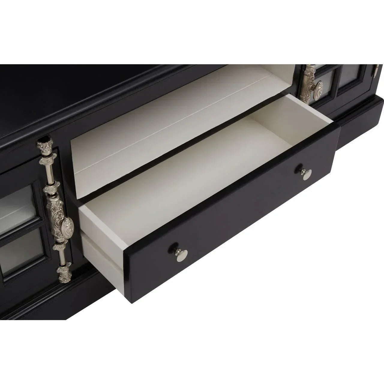 Black wooden sideboard with open drawer and ornate silver handles