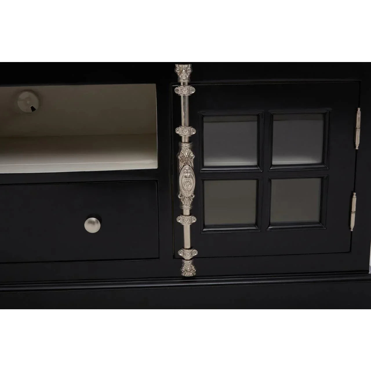 Black wood sideboard with glass cabinet door, metal hinges, and drawer with silver handle