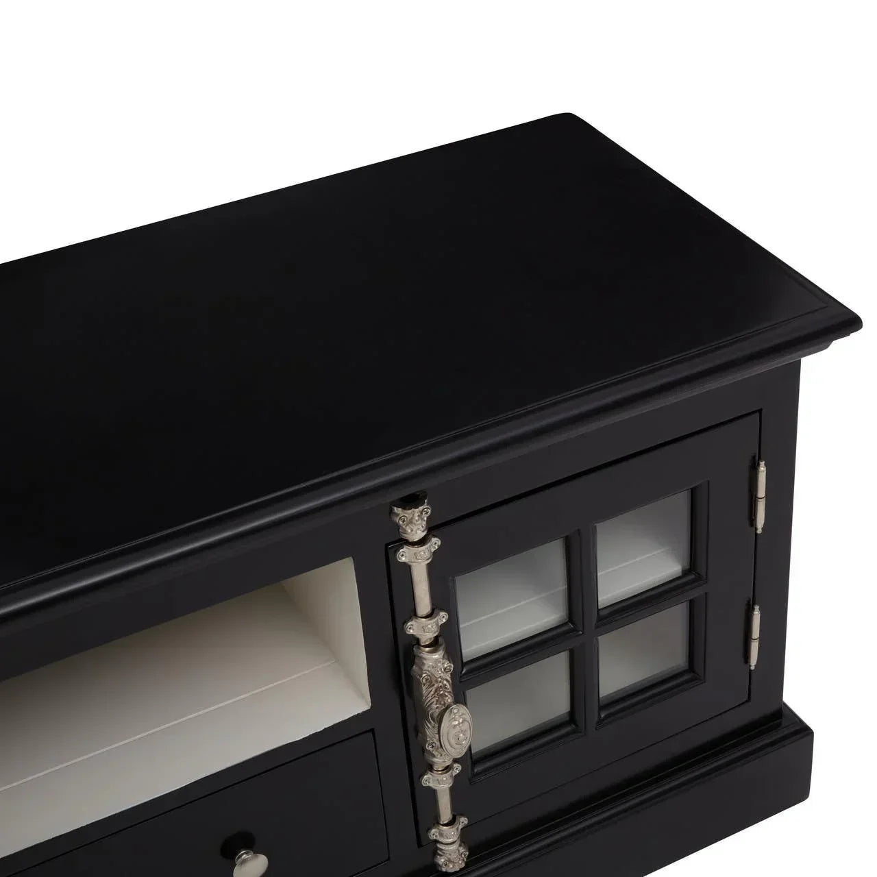 Black wooden TV unit with glass door, open shelf, silver decorative handles, corner view