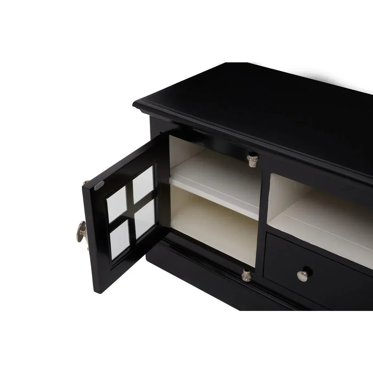 Black sideboard with glass panel door open, showing interior shelves and drawer detail