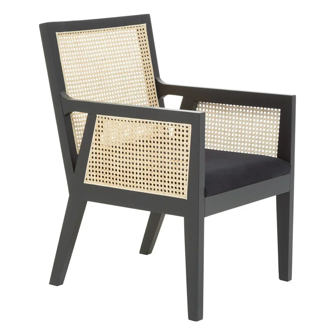 Black wooden armchair with cane rattan back and sides, black seat cushion, angled view