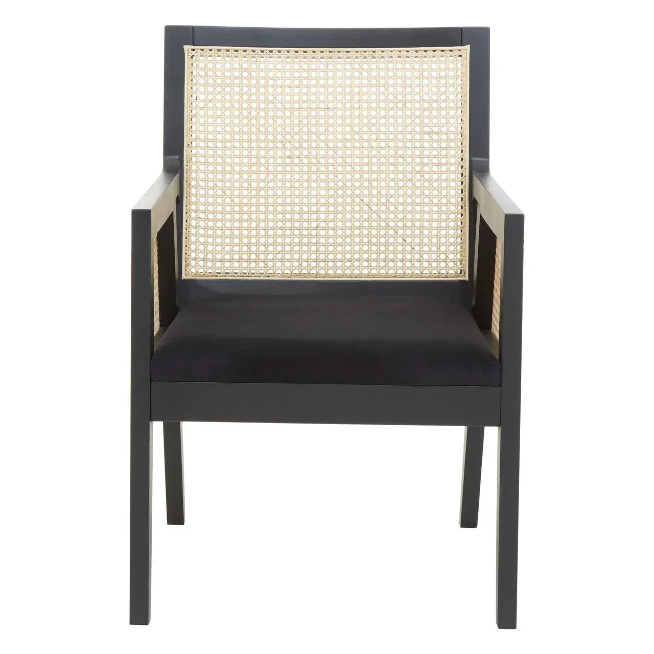 Black wooden armchair with rattan backrest and seat, front view