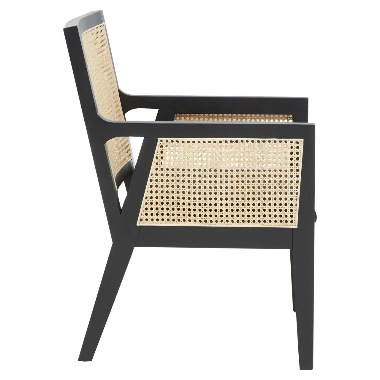 Side view black wooden accent chair with natural cane seat and backrest
