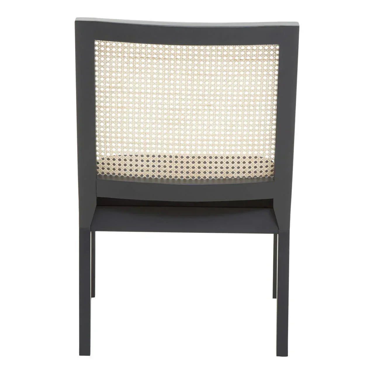 Black wood dining chair with cane backrest, rear view