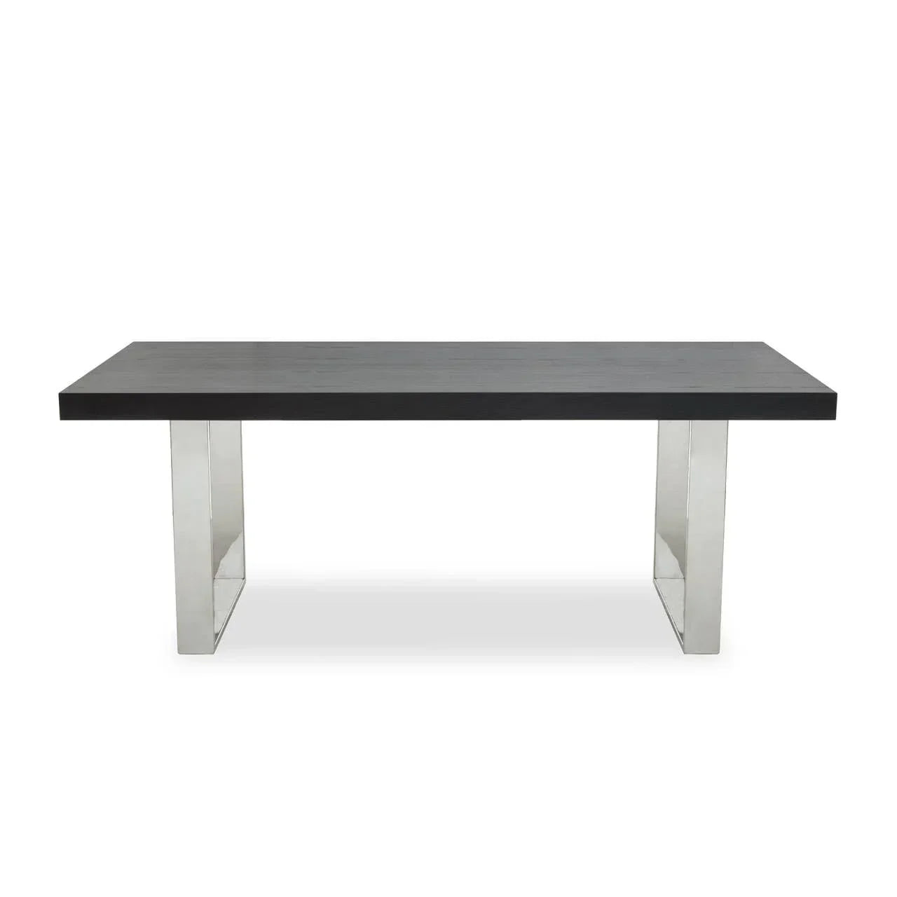Modern black dining table with rectangular wood top and chrome metal legs