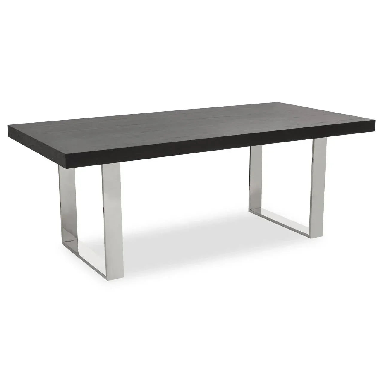 Rectangular dining table with black wood top and chrome metal legs