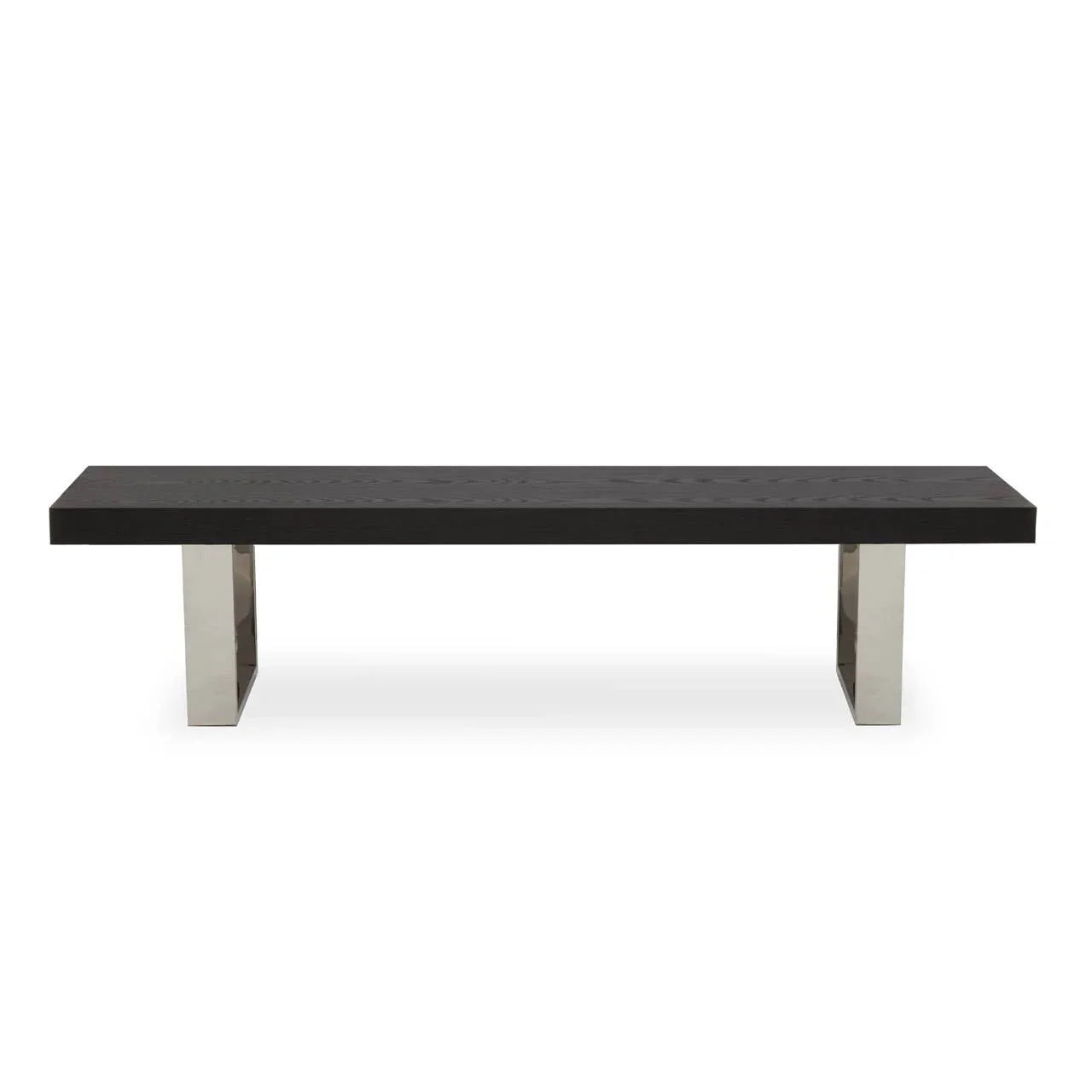 Black wooden bench with rectangular metal legs, modern minimalist dining furniture
