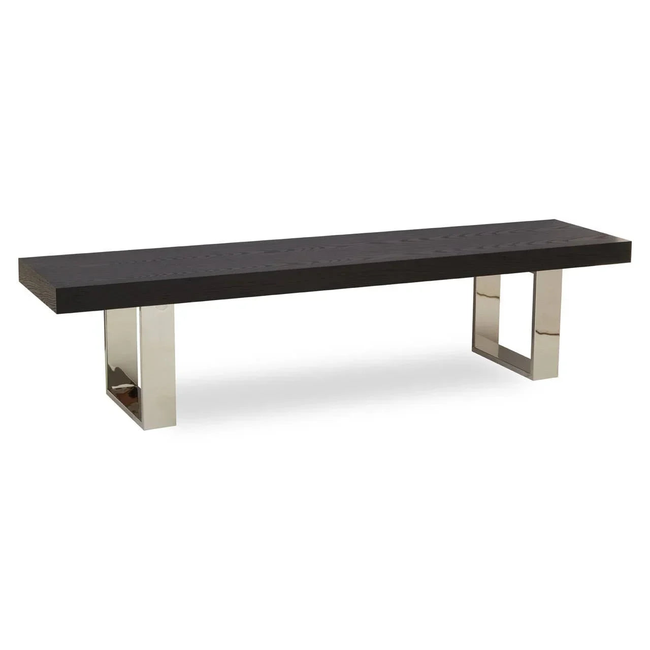Modern dining bench with dark wood seat and polished chrome metal legs