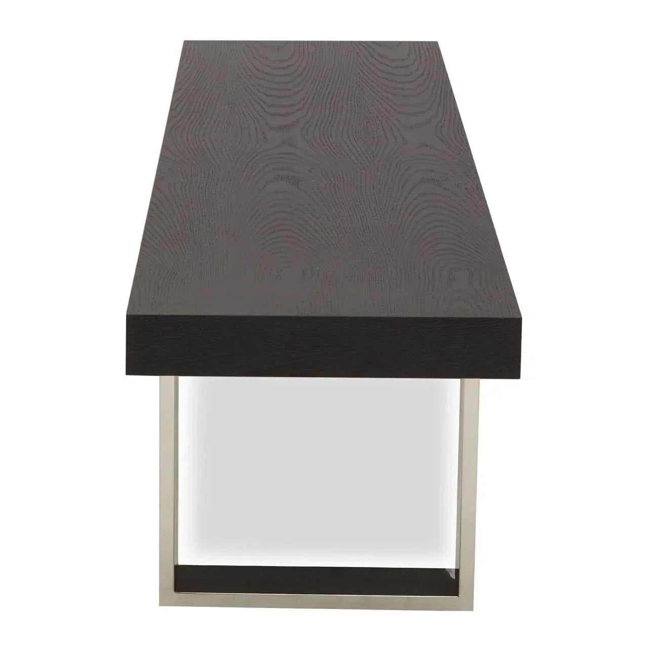 Rectangular dark wood coffee table with metal frame, front angle view