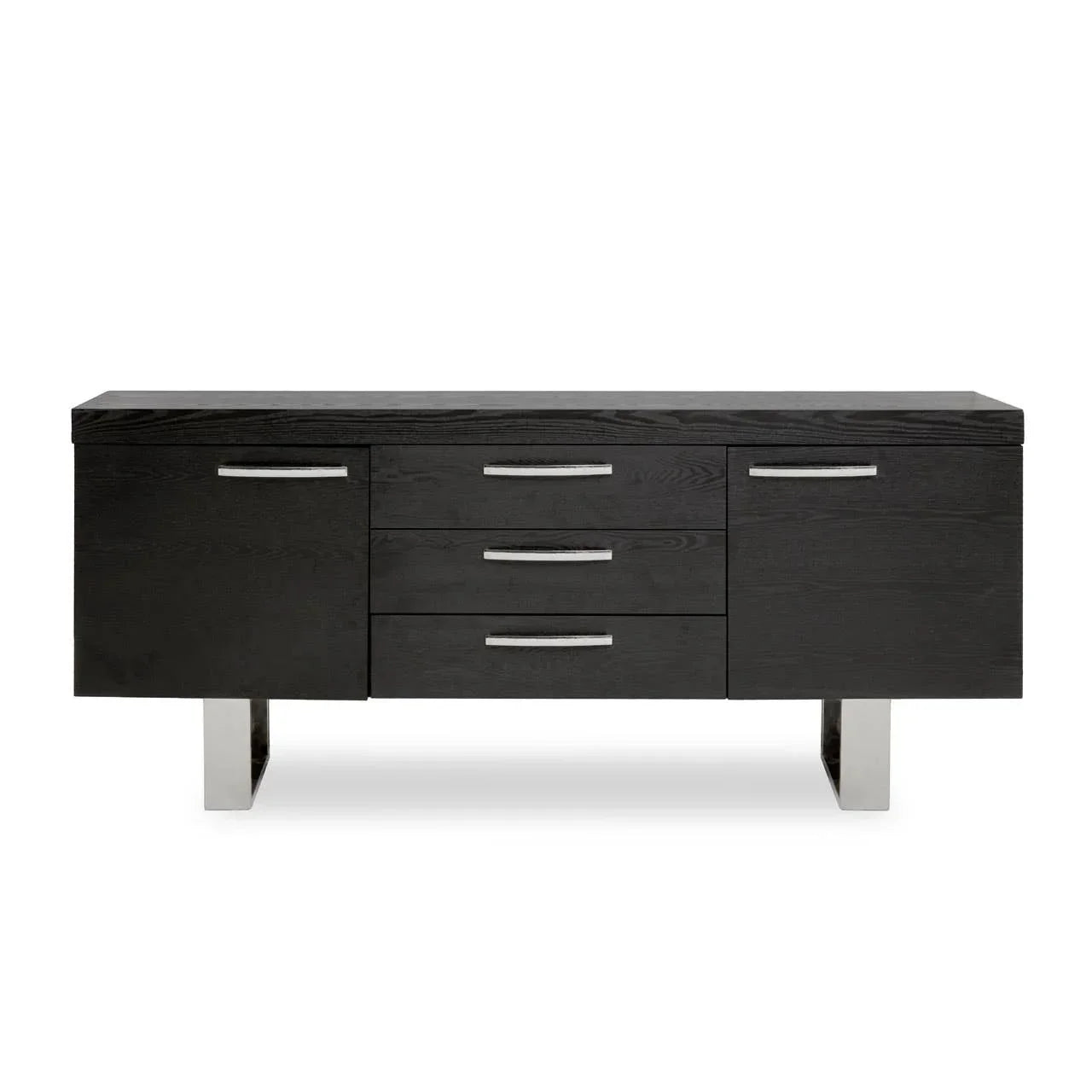 Black wood sideboard with three drawers, chrome handles, and metal legs on white background