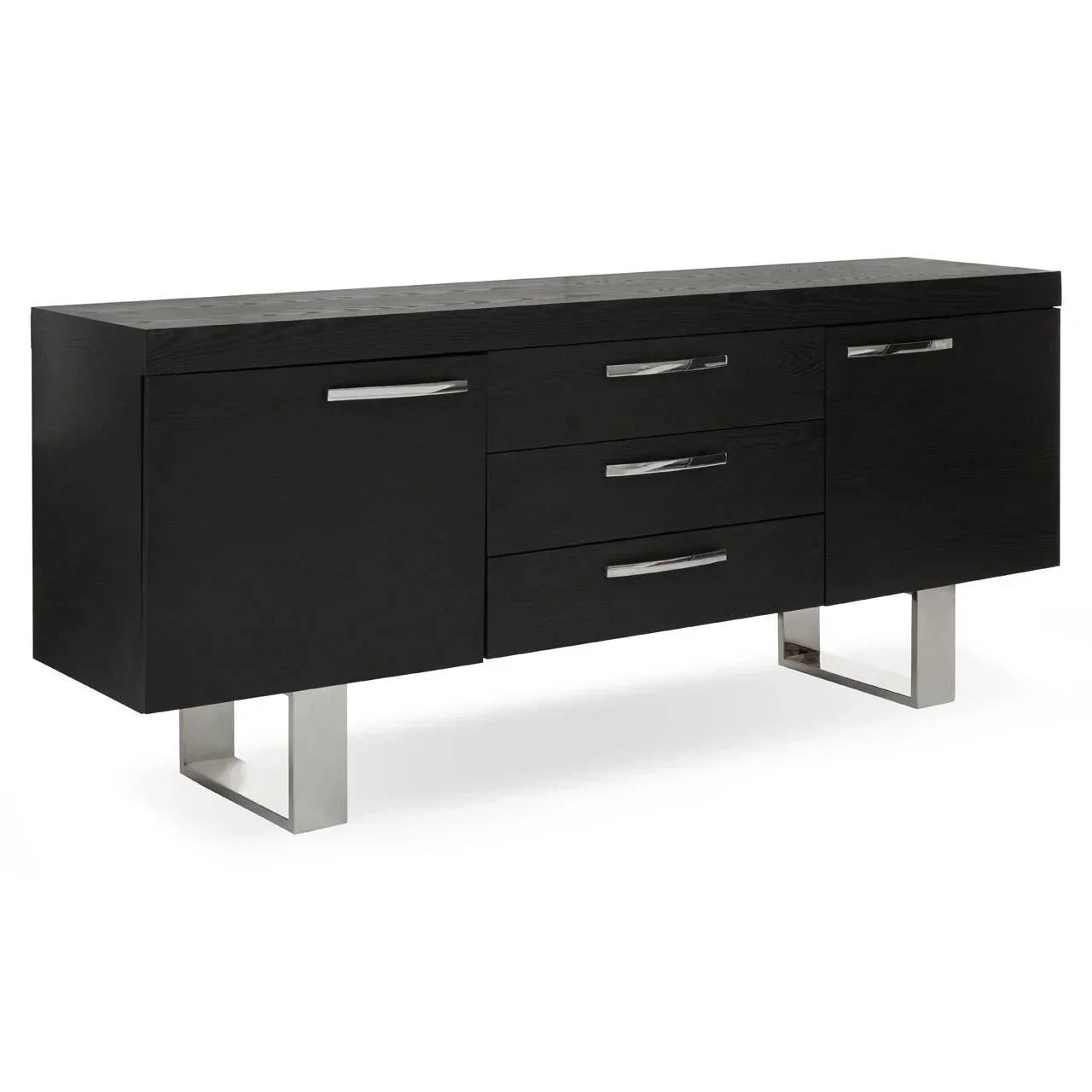 Black sideboard with three drawers, two cabinets, and chrome legs
