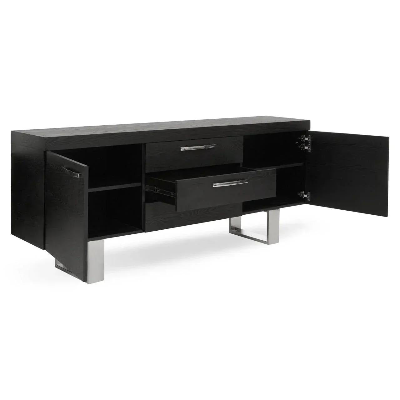 Black sideboard with open doors and drawers, chrome legs, modern storage compartments