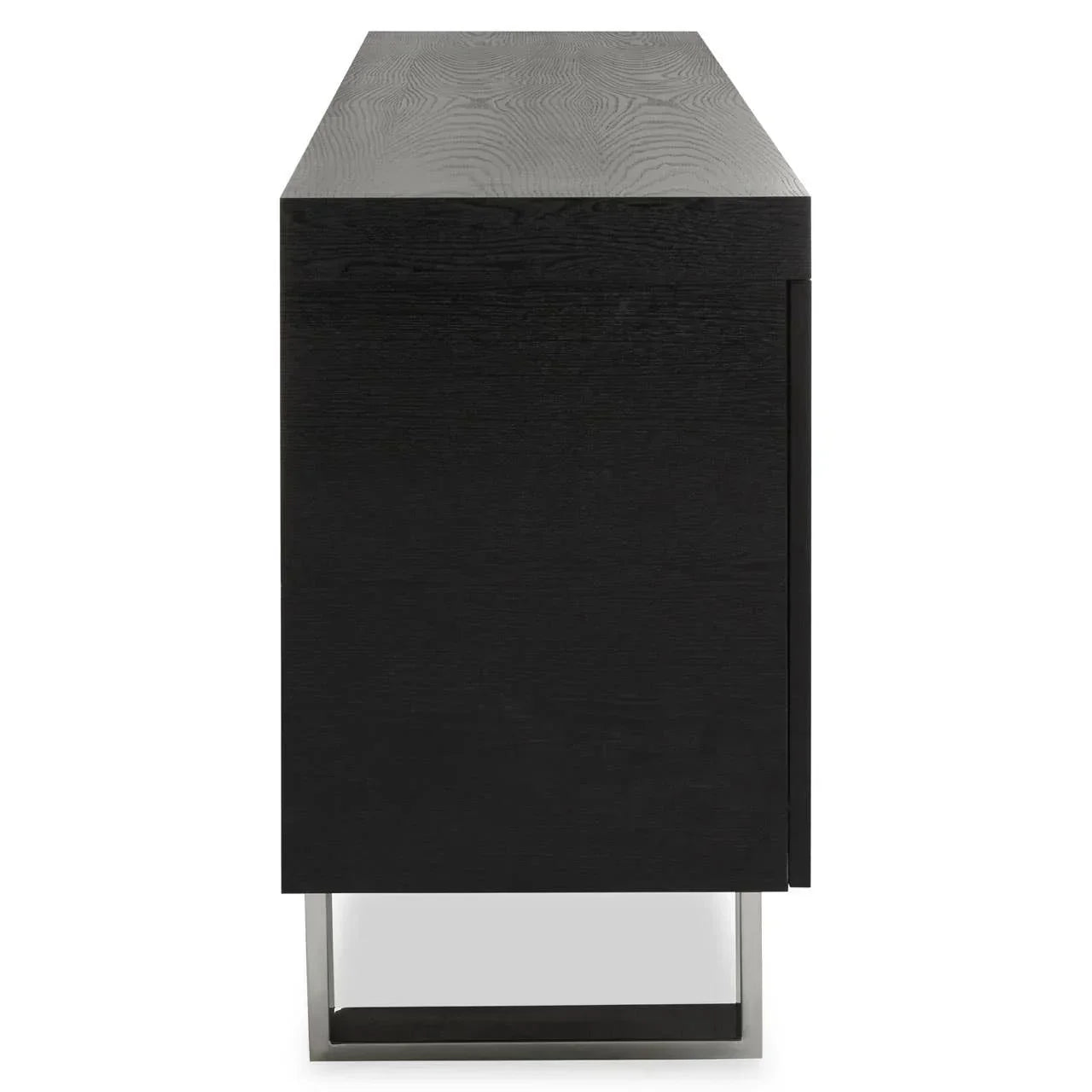 Side view of black wooden sideboard with metal base