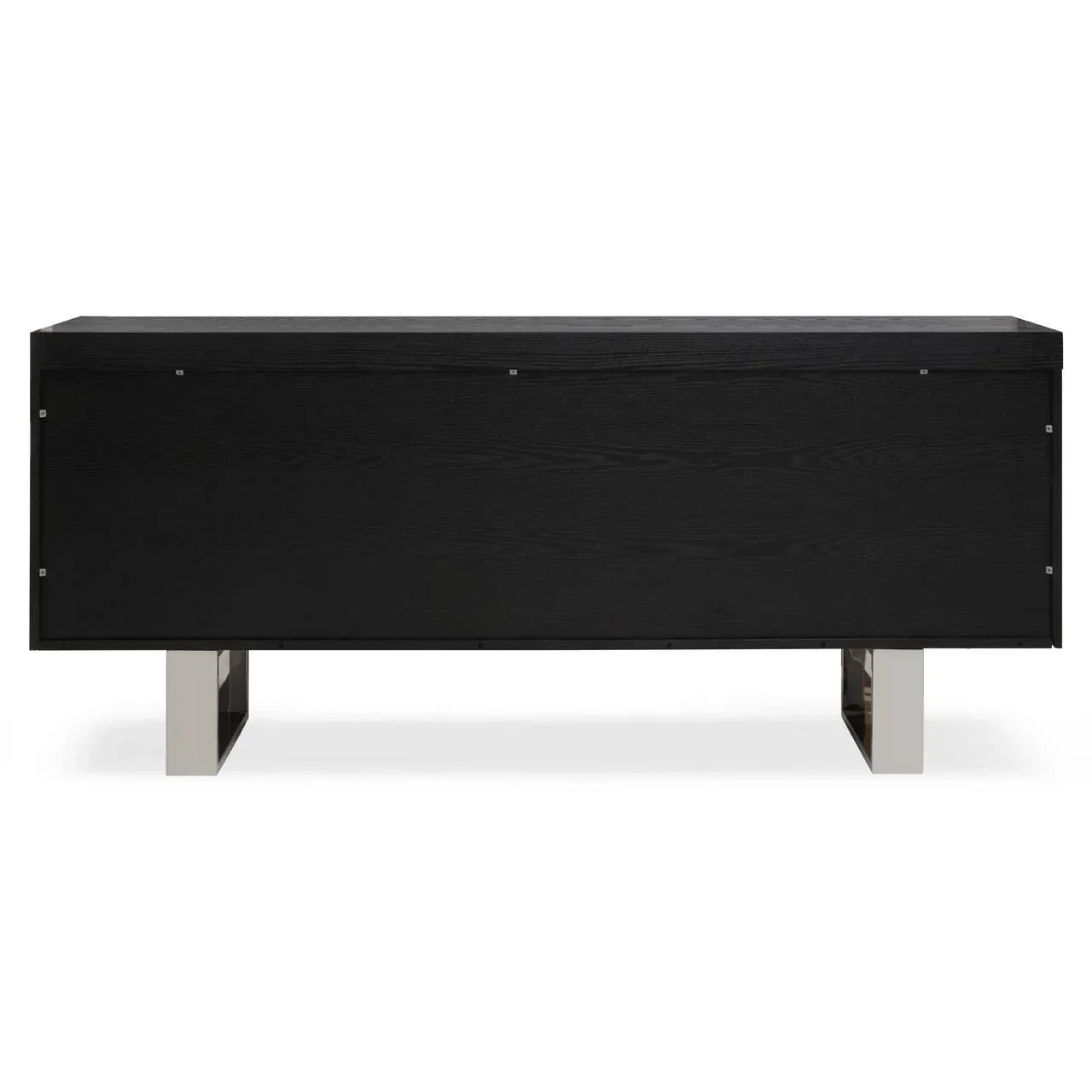 Black wooden sideboard with stainless steel legs, rear view