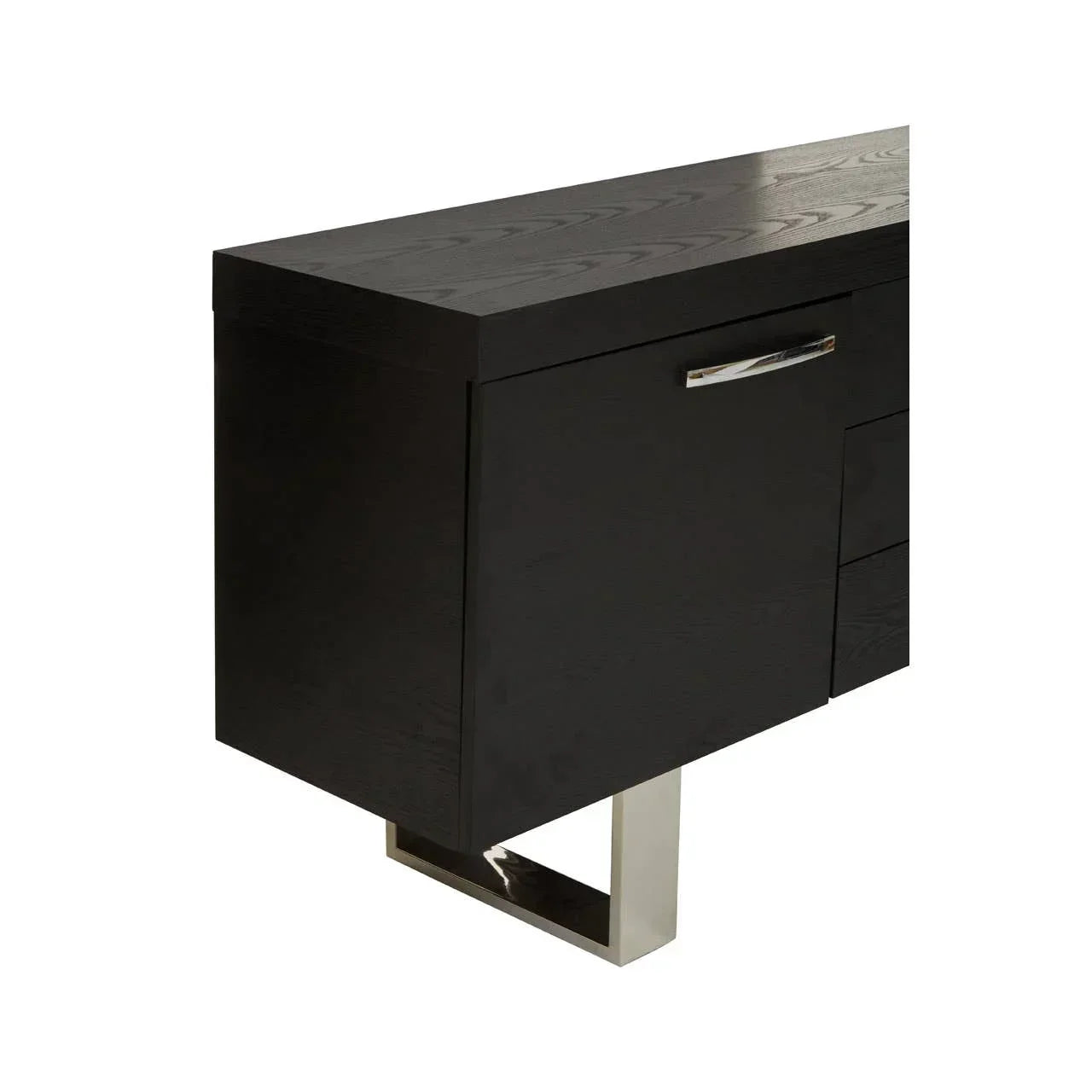 Black wood sideboard with chrome handle and metal legs, close-up of corner and door