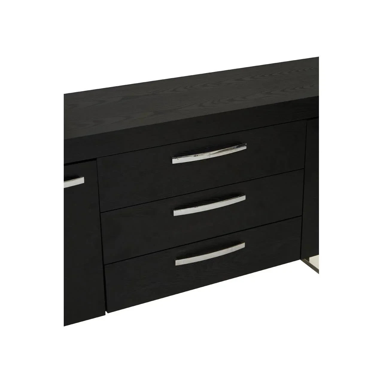 Black wooden drawer unit with three chrome handles, close-up front view