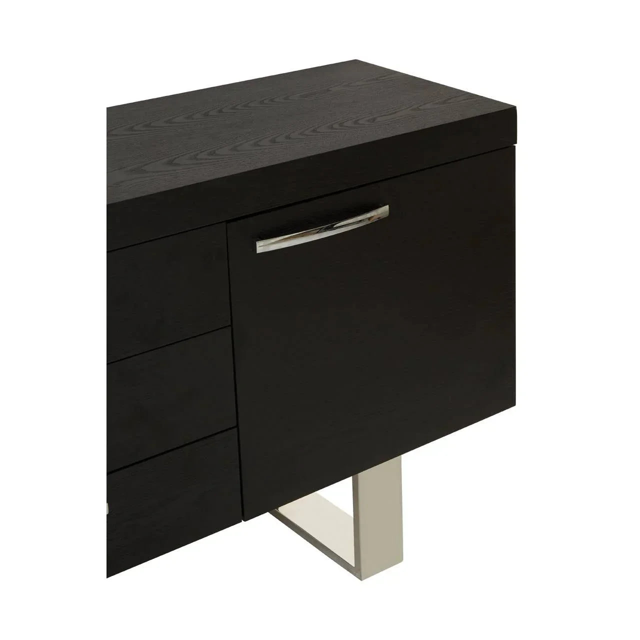 Black wood sideboard with chrome handle and metal leg, close-up of drawers and door