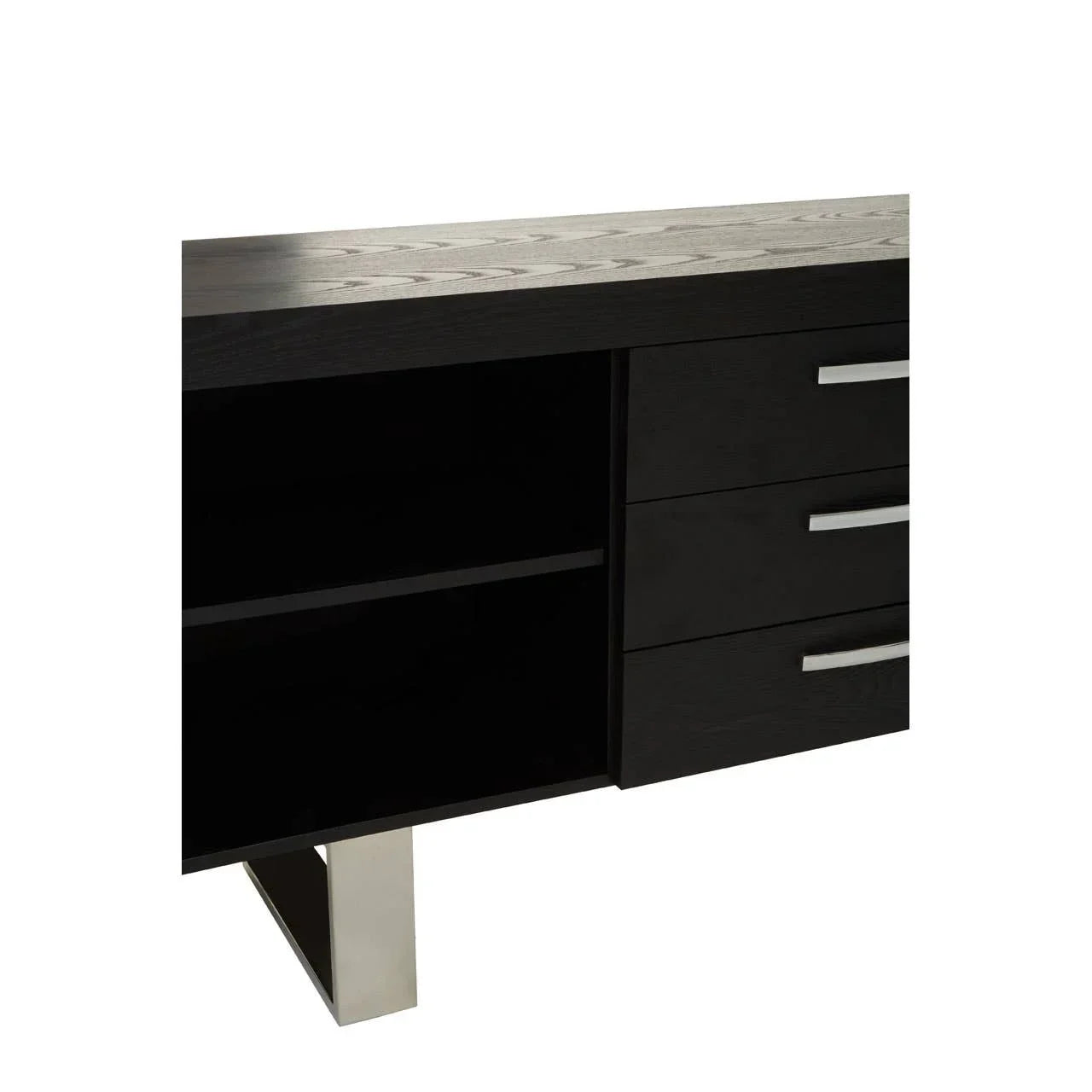 Black wood sideboard with three drawers, open shelving, and silver metal leg detail