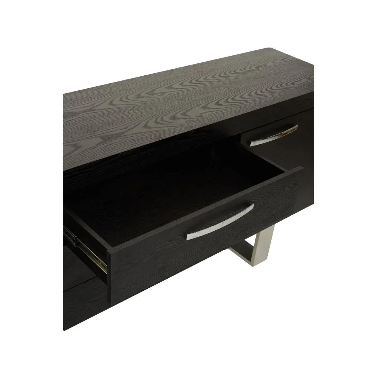 Black wood sideboard with metal handles and open drawer, close-up view