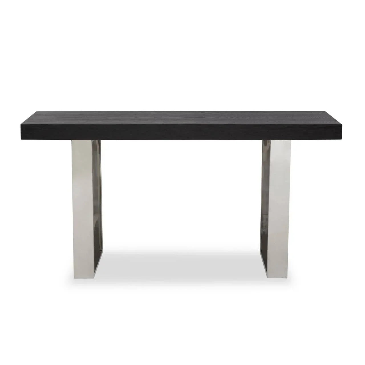 Modern console table with black wood top and chrome metal legs, front view