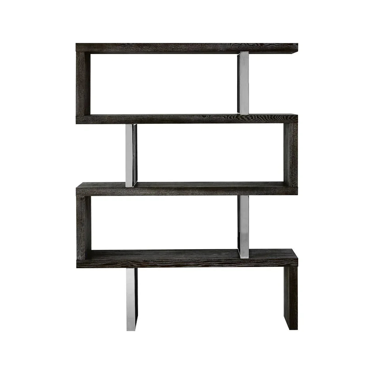 Modern bookshelf with black wood shelves and chrome supports, open-back zigzag design