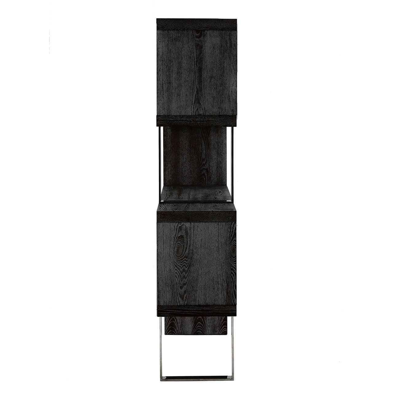 Tall black wood cabinet with metal legs shown from the front