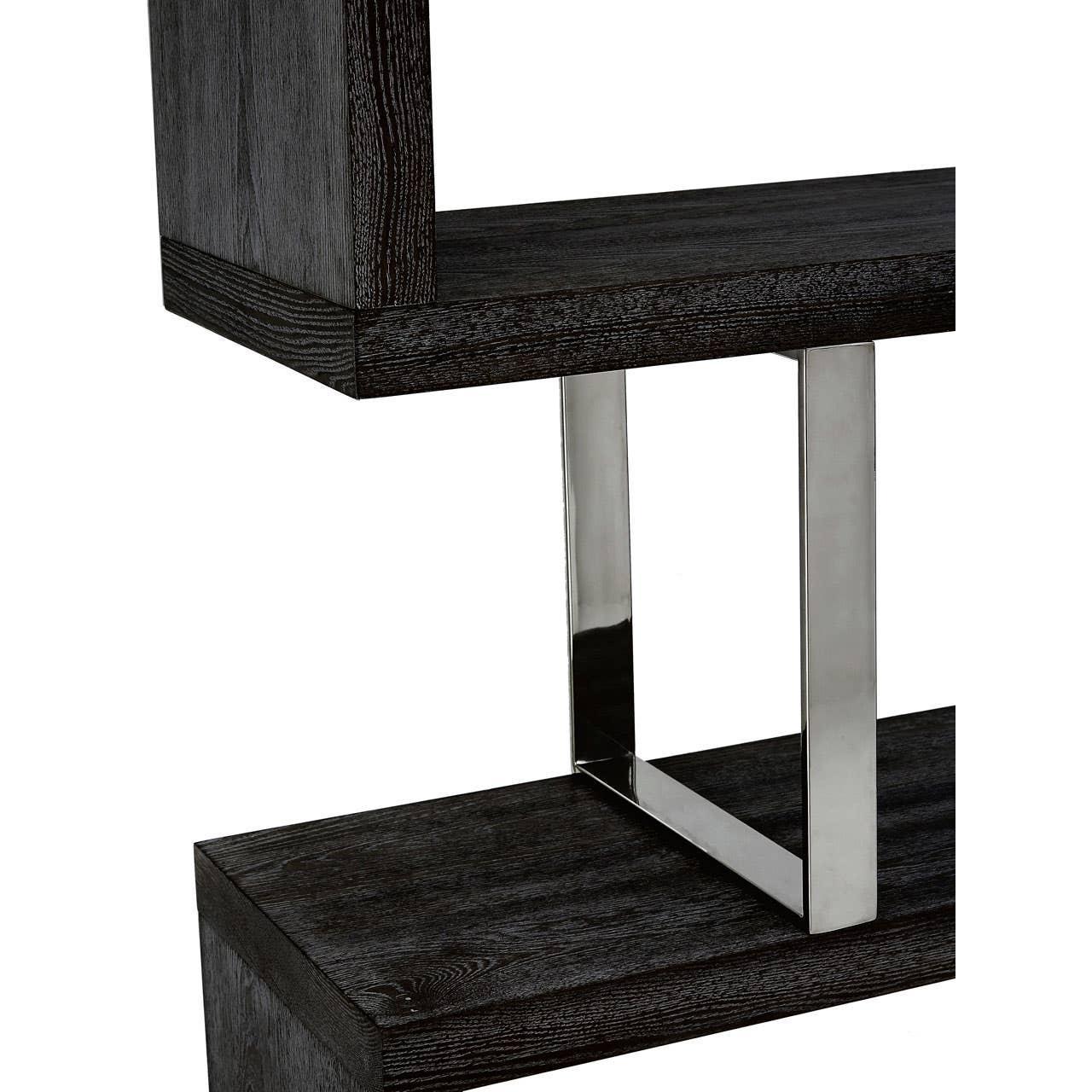 Black wood shelving unit with chrome metal support detail, close-up view