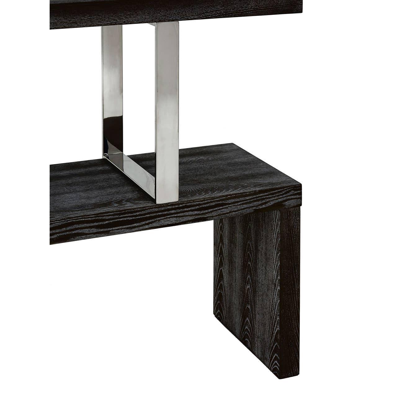Black wood console table with chrome legs and lower shelf close-up
