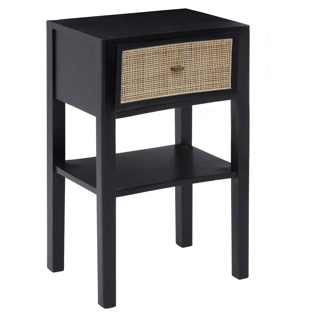 Black wooden bedside table with rattan drawer and lower shelf