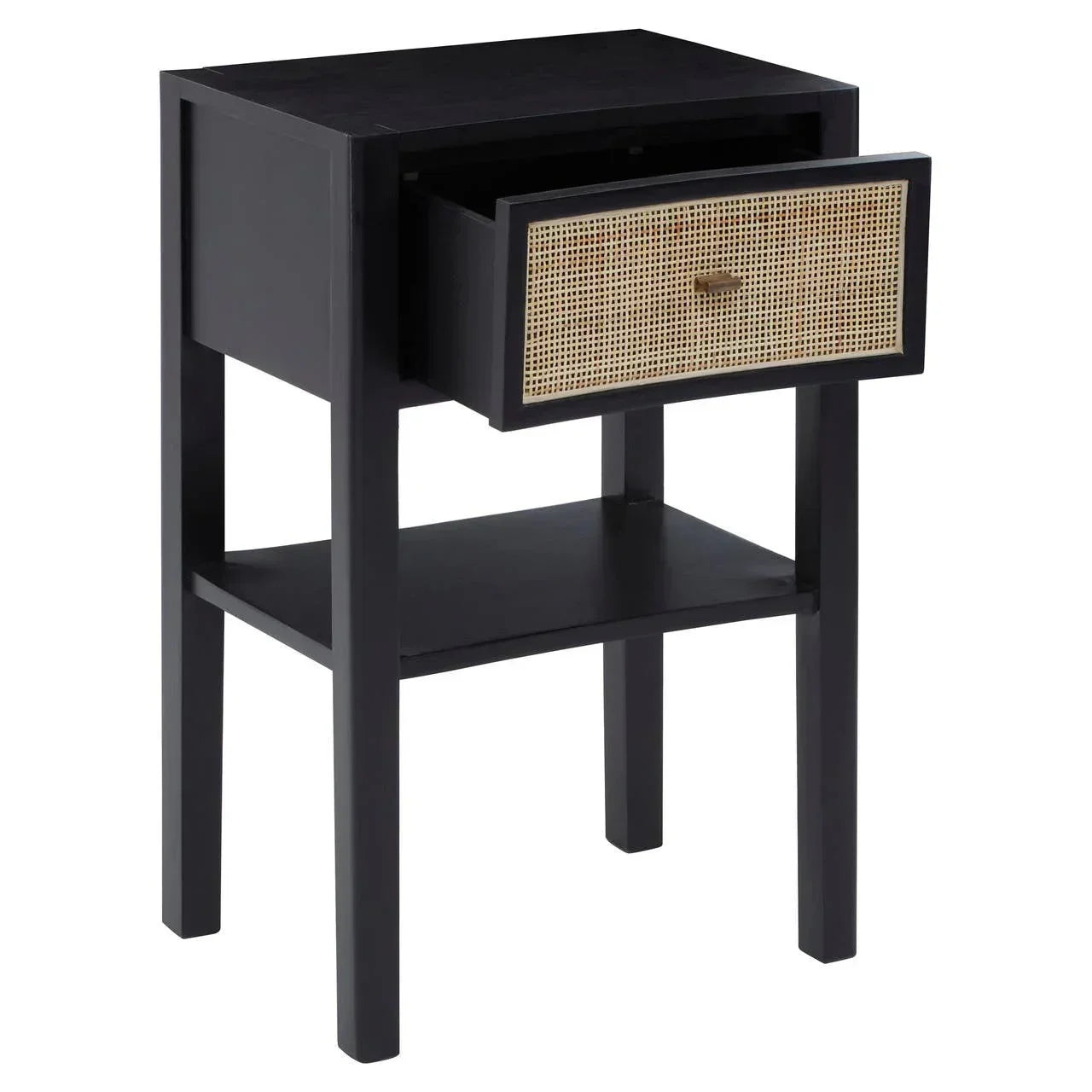 Black bedside table with rattan drawer front and open shelf, single drawer pulled out