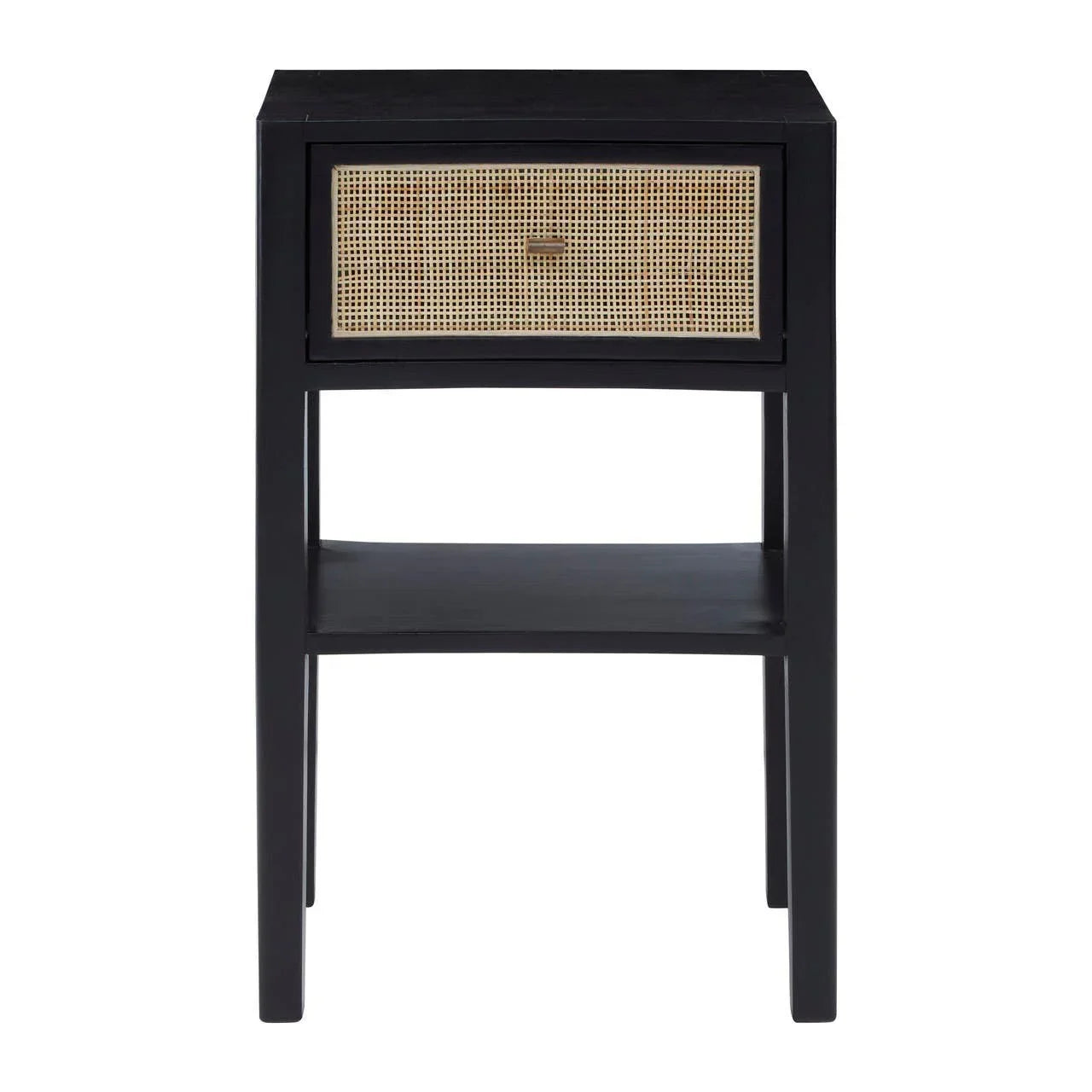 Black bedside table with natural rattan drawer front and open lower shelf
