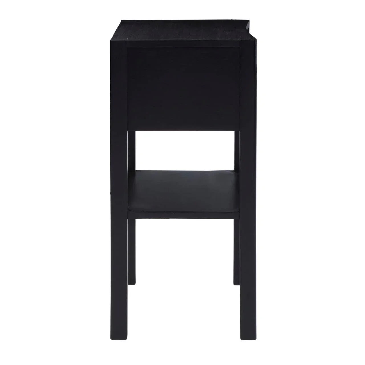 Black wooden bedside table with lower shelf, side view