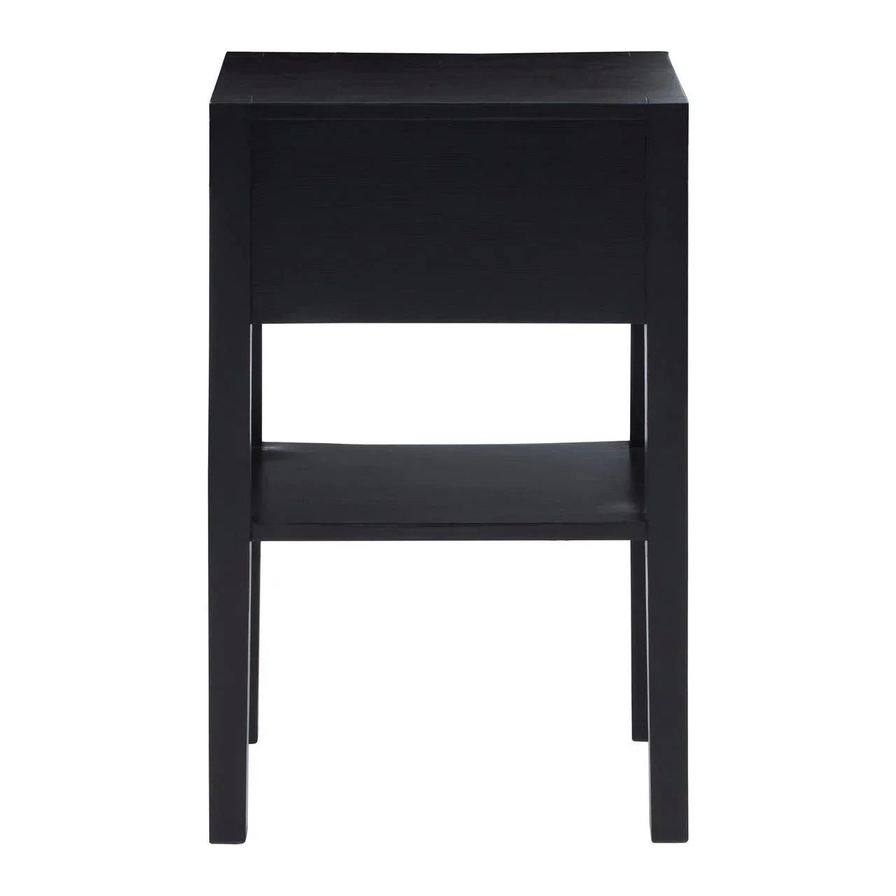 Black wooden side table with lower shelf, straight legs, rear view