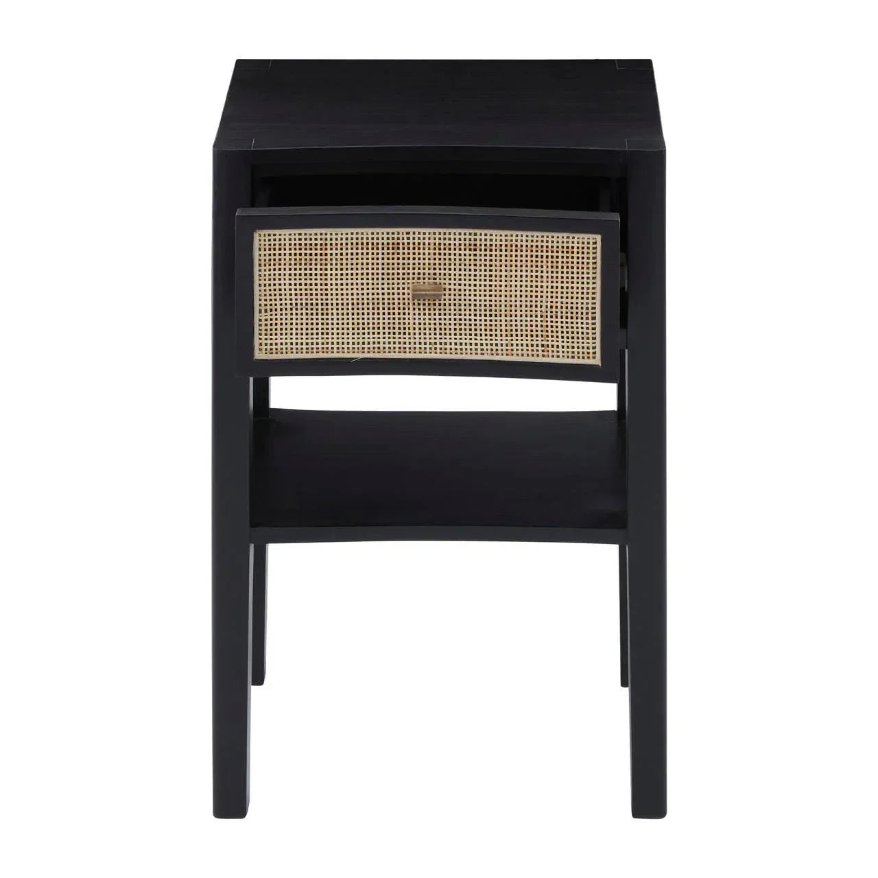 Black wooden bedside table with rattan drawer front and open lower shelf, front view