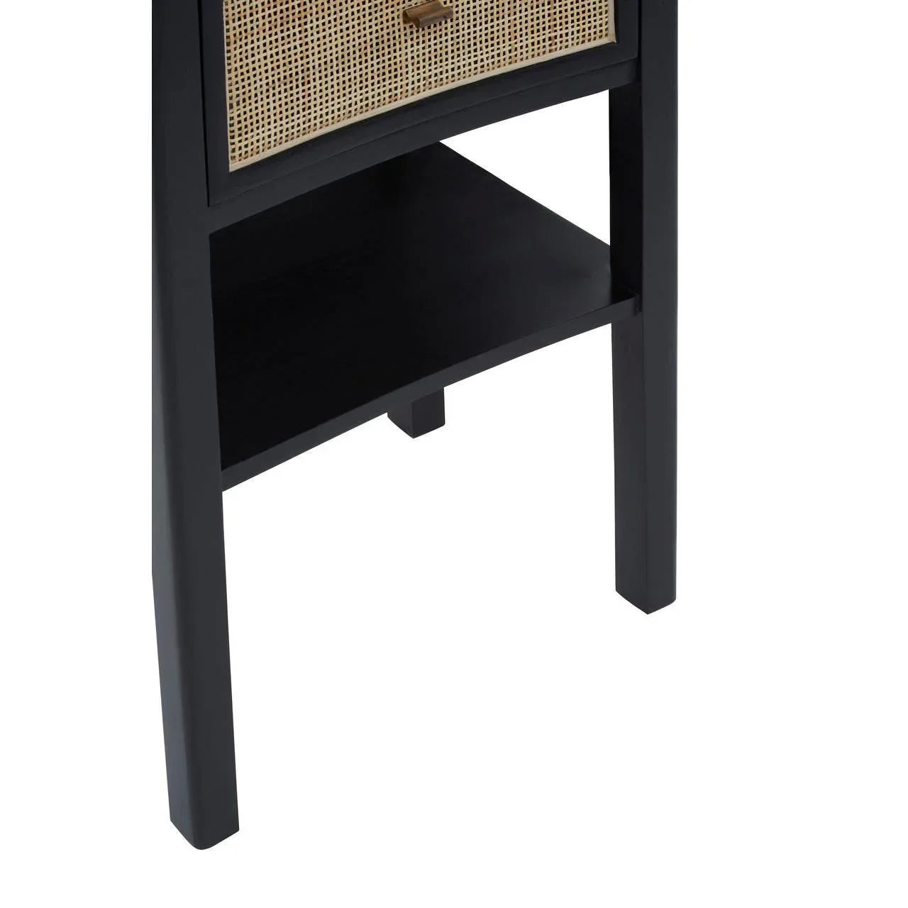 Black wood bedside table with rattan drawer front and open lower shelf