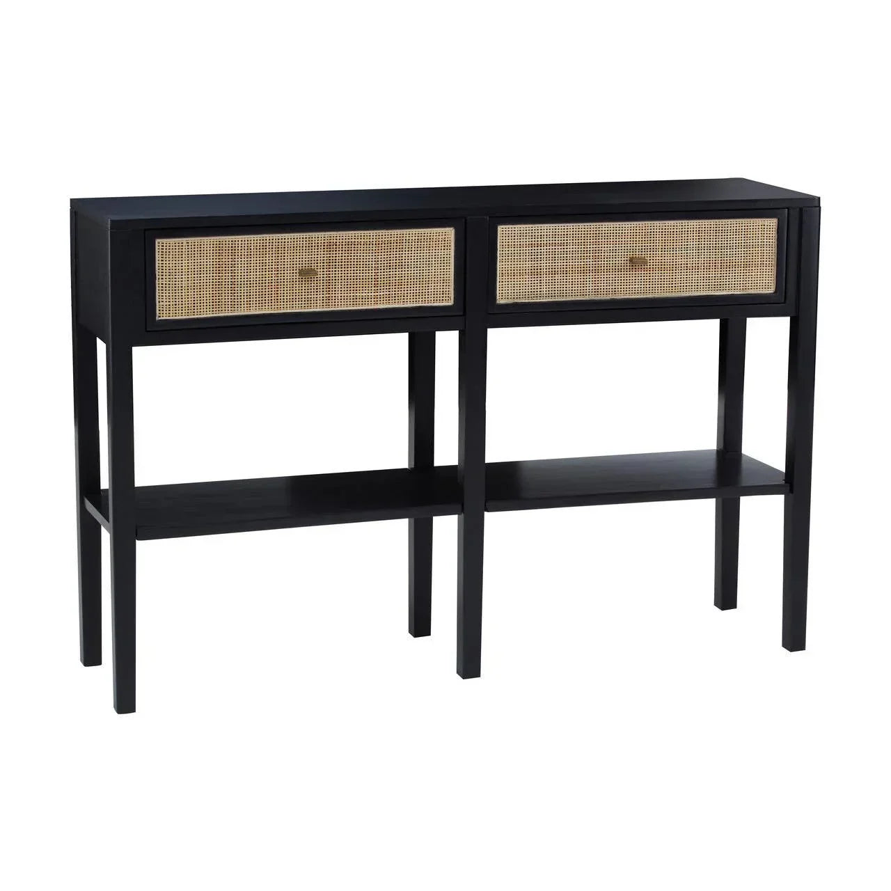 Black console table with two cane drawers and lower shelf, front angled view