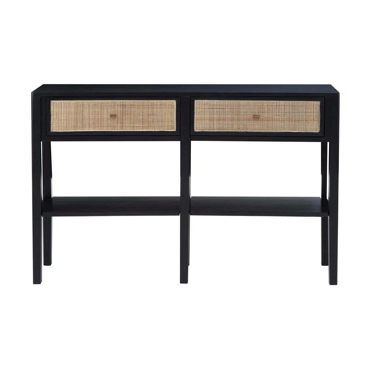 Black console table with rattan drawers and lower shelf, front facing view