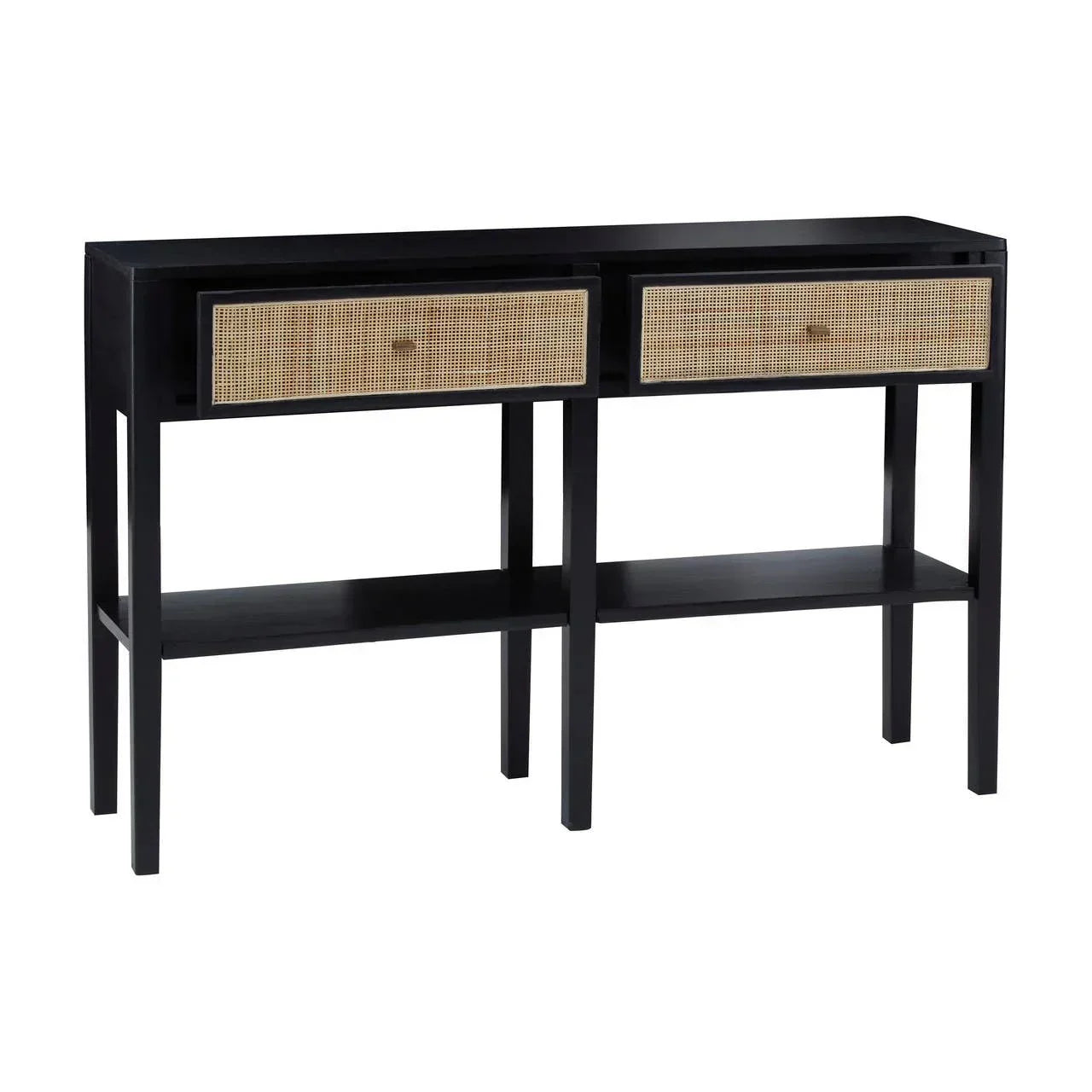 Black console table with rattan drawers and lower shelf, modern rectangular design