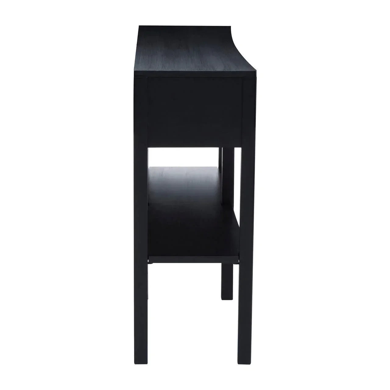 Side view of black console table with shelf and straight legs