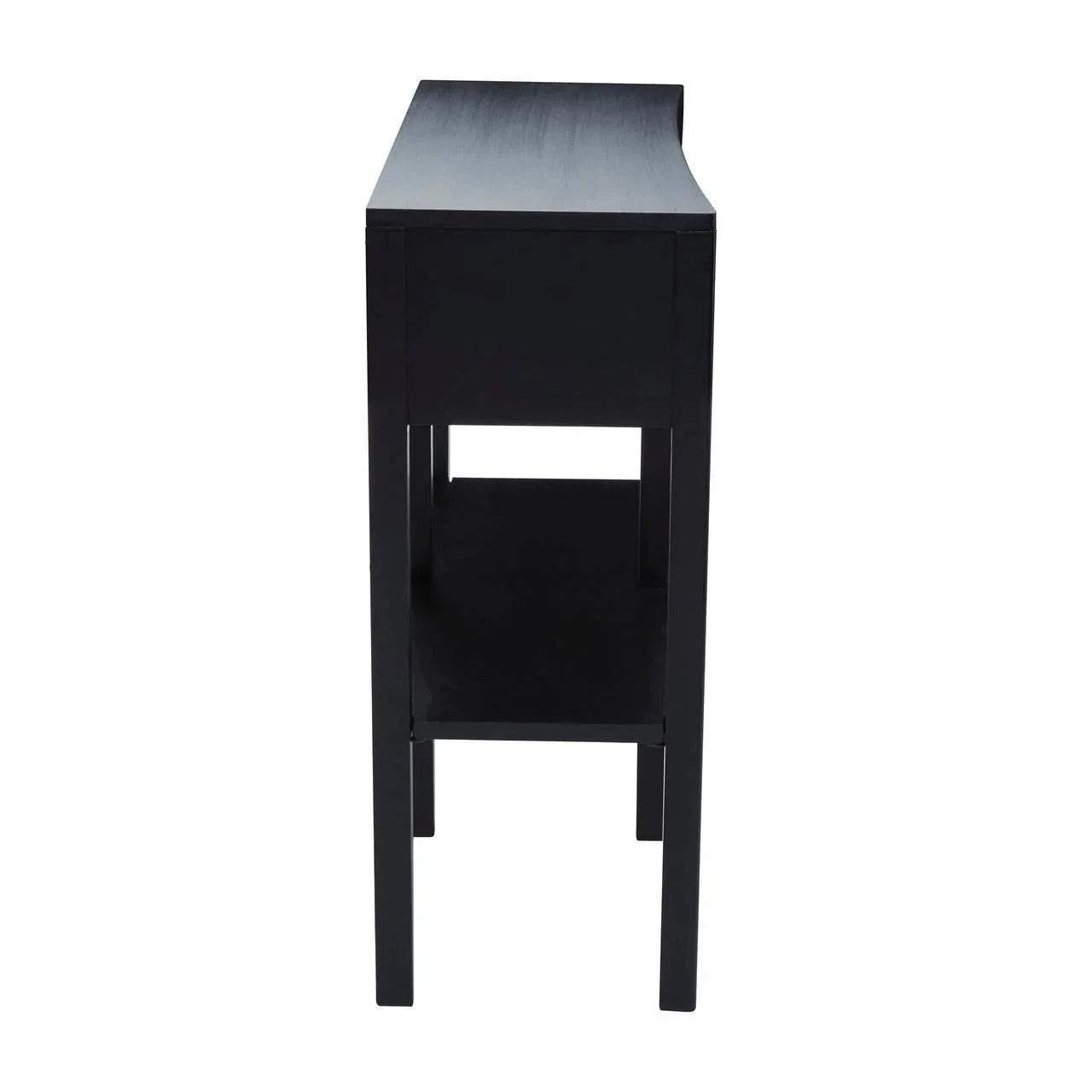 Side view of black wooden console table with lower shelf