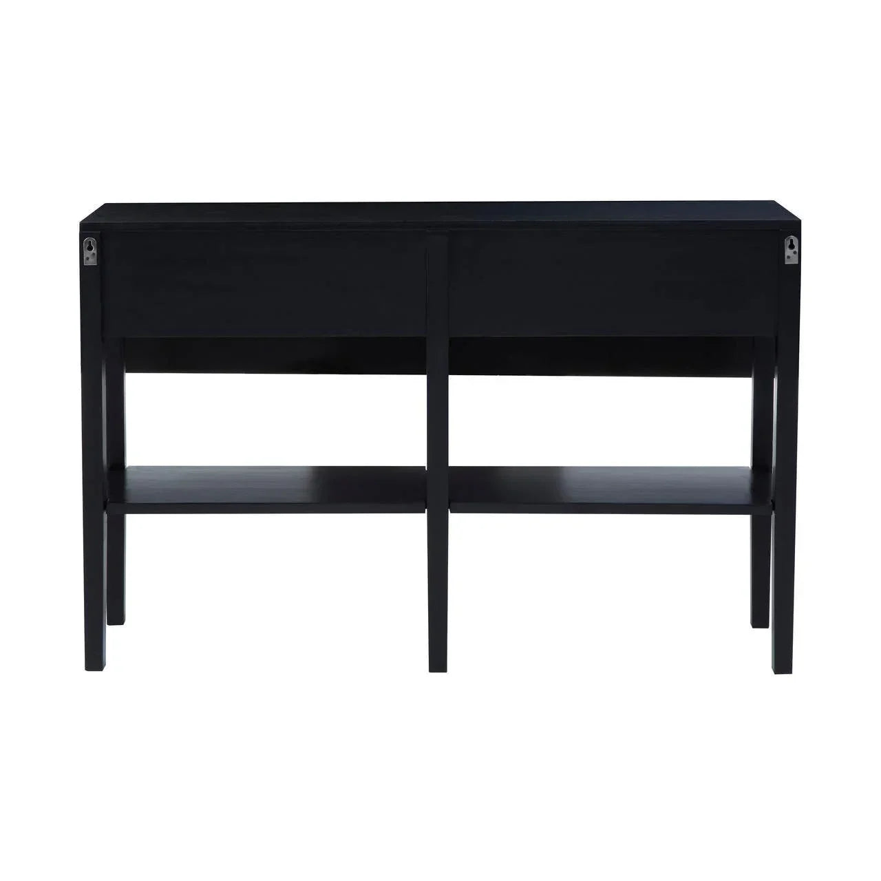 Black console table with lower shelf and clean straight legs, rear view