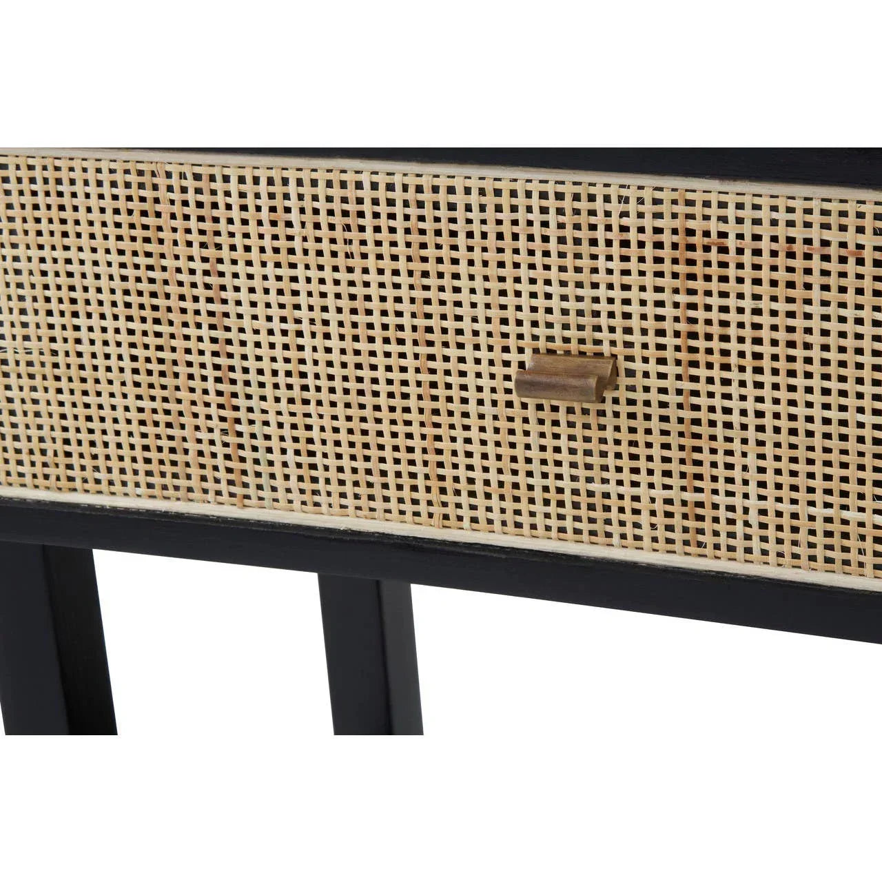 Black wooden console table with woven rattan drawer front and wood handle closeup