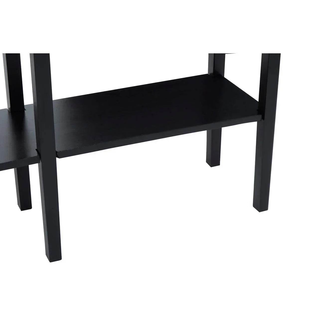 Black wooden furniture shelf with four straight legs and a smooth finish