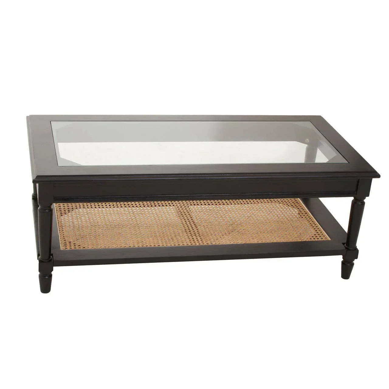 Black wooden coffee table with glass top and rattan shelf underneath