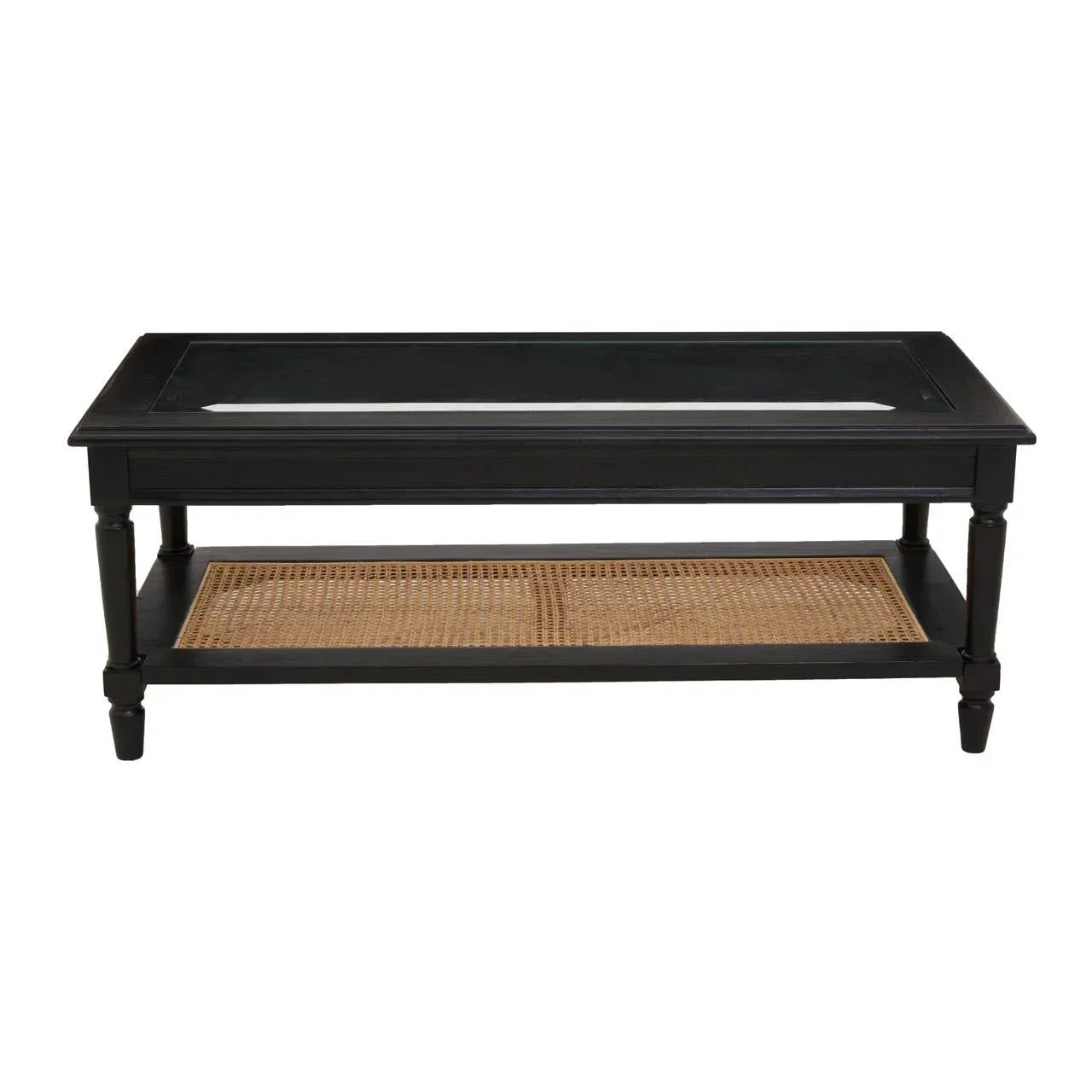Black coffee table with glass top and lower rattan shelf for living room storage