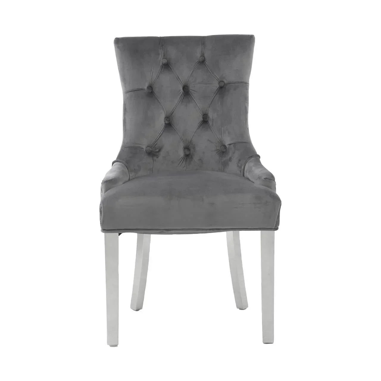 Grey velvet dining chair with button-tufted backrest and straight wooden legs, front view