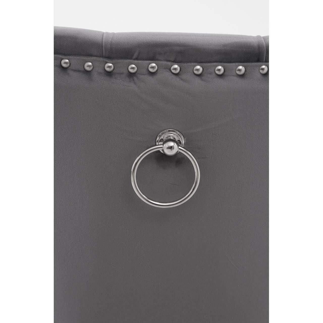 Grey dining chair back with silver ring handle and decorative stud detailing