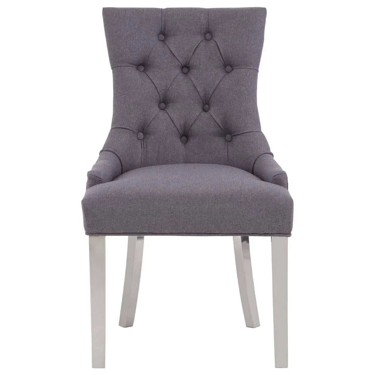 Grey upholstered dining chair with button-tufted backrest and wooden legs, front view