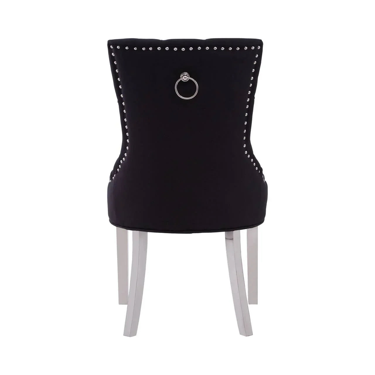 Black dining chair with silver stud trim, ring handle and white legs, rear view